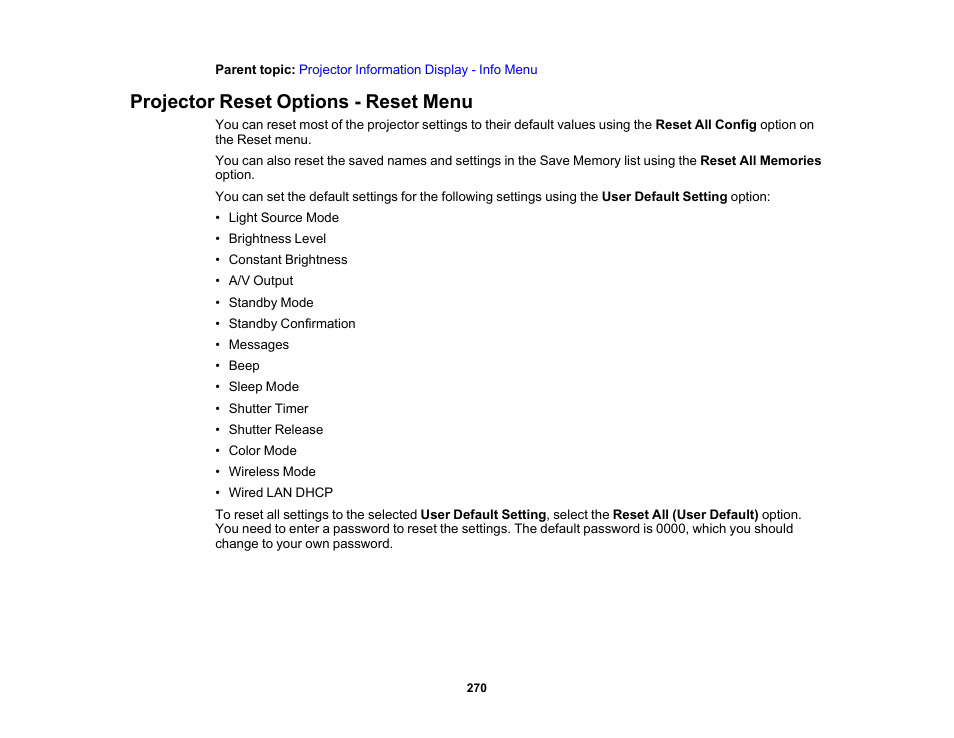 Projector reset options - reset menu | Epson Pro L30002UNL 30,000-Lumen HDR Pixel-Shift DCI 4K Laser 3LCD Large Venue Projector (White) User Manual | Page 270 / 347