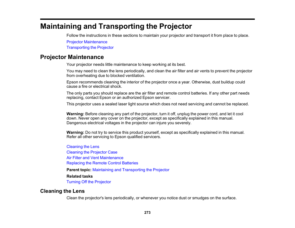 Maintaining and transporting the projector, Projector maintenance, Cleaning the lens | Epson Pro L30002UNL 30,000-Lumen HDR Pixel-Shift DCI 4K Laser 3LCD Large Venue Projector (White) User Manual | Page 273 / 347