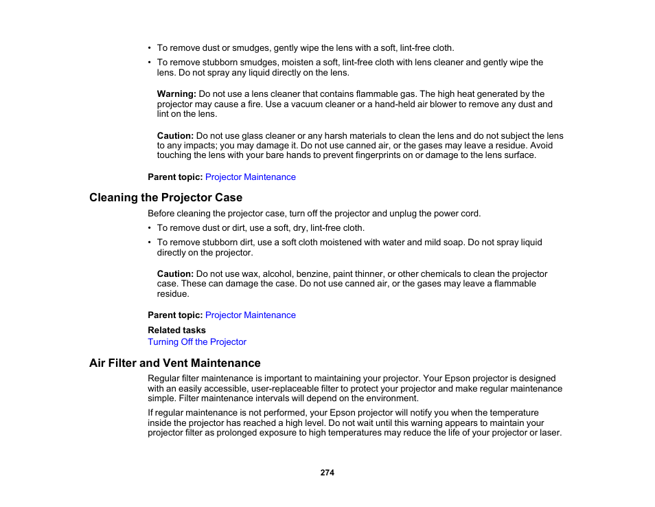 Cleaning the projector case, Air filter and vent maintenance | Epson Pro L30002UNL 30,000-Lumen HDR Pixel-Shift DCI 4K Laser 3LCD Large Venue Projector (White) User Manual | Page 274 / 347