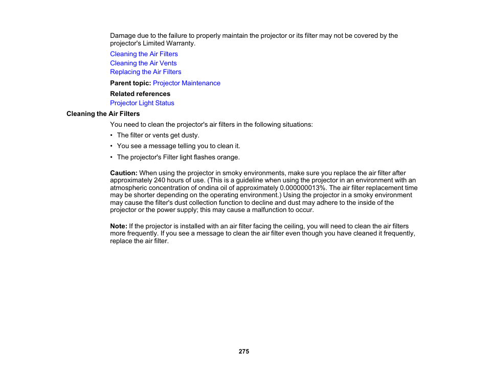 Cleaning the air filters | Epson Pro L30002UNL 30,000-Lumen HDR Pixel-Shift DCI 4K Laser 3LCD Large Venue Projector (White) User Manual | Page 275 / 347