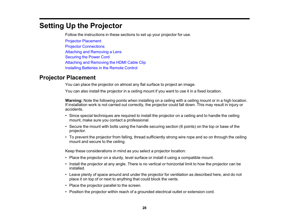 Setting up the projector, Projector placement | Epson Pro L30002UNL 30,000-Lumen HDR Pixel-Shift DCI 4K Laser 3LCD Large Venue Projector (White) User Manual | Page 28 / 347