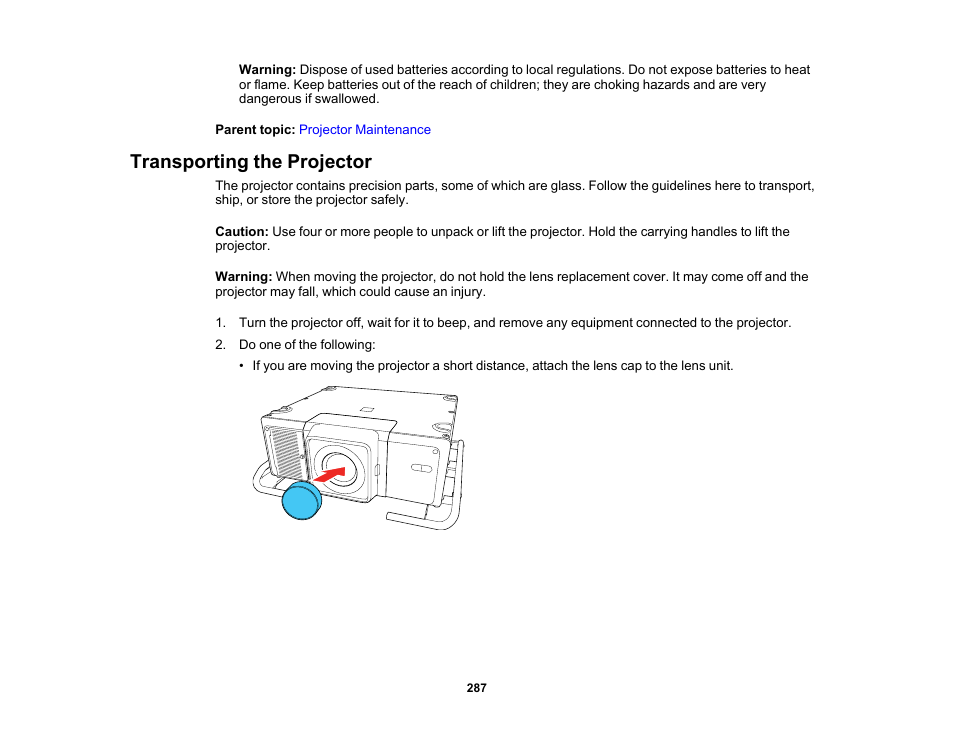 Transporting the projector | Epson Pro L30002UNL 30,000-Lumen HDR Pixel-Shift DCI 4K Laser 3LCD Large Venue Projector (White) User Manual | Page 287 / 347