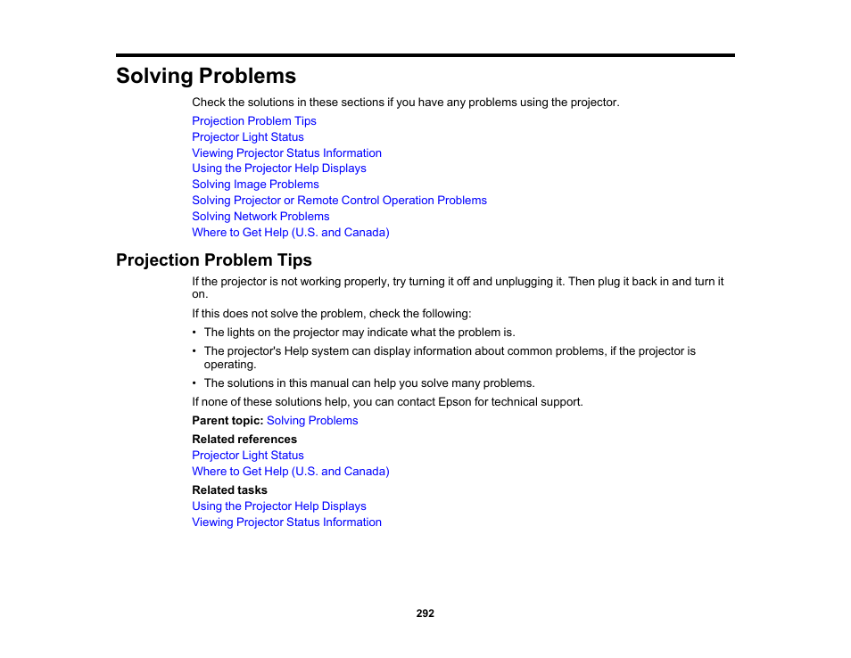 Solving problems, Projection problem tips | Epson Pro L30002UNL 30,000-Lumen HDR Pixel-Shift DCI 4K Laser 3LCD Large Venue Projector (White) User Manual | Page 292 / 347