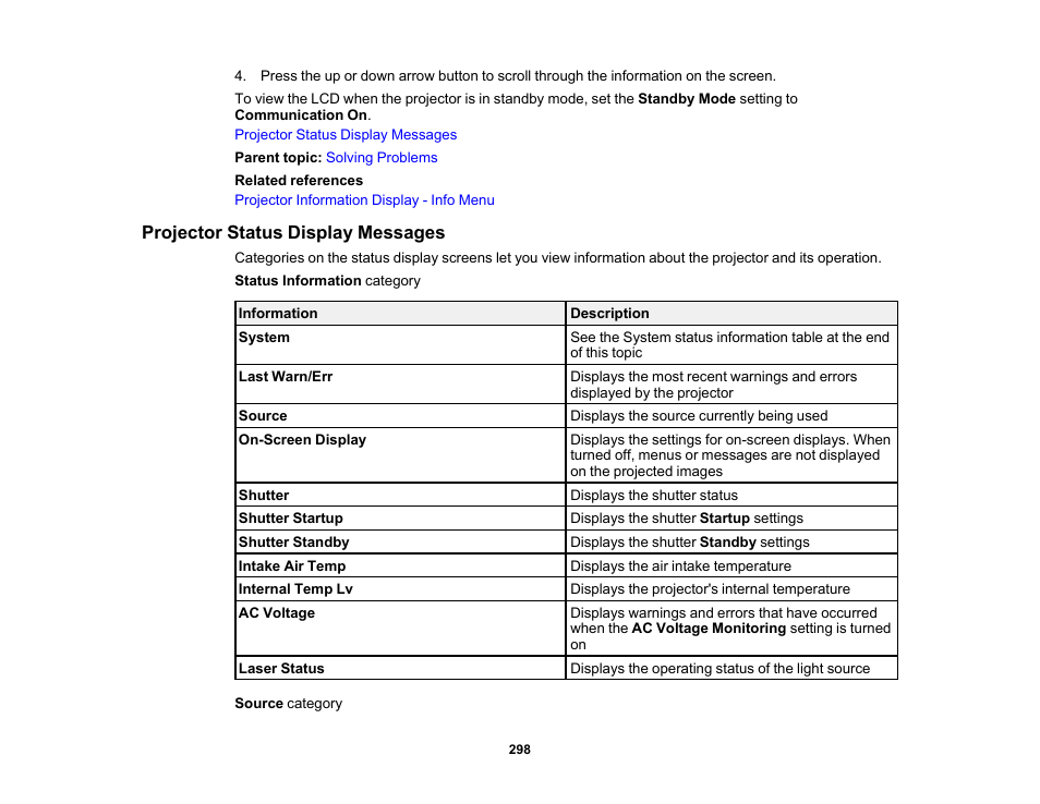 Projector status display messages | Epson Pro L30002UNL 30,000-Lumen HDR Pixel-Shift DCI 4K Laser 3LCD Large Venue Projector (White) User Manual | Page 298 / 347