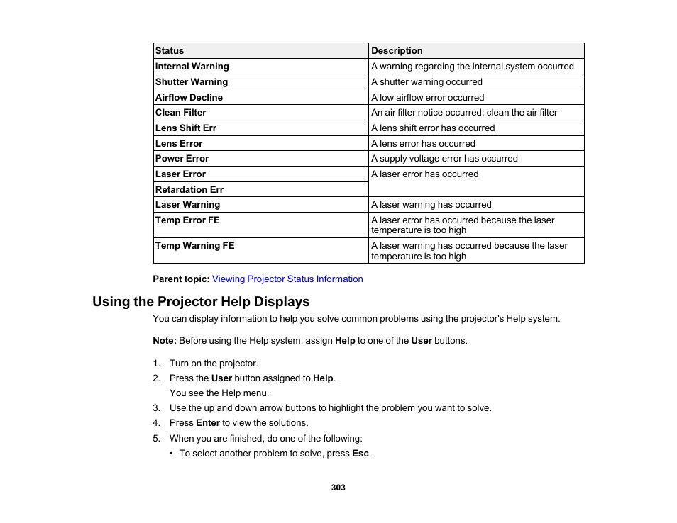 Using the projector help displays | Epson Pro L30002UNL 30,000-Lumen HDR Pixel-Shift DCI 4K Laser 3LCD Large Venue Projector (White) User Manual | Page 303 / 347