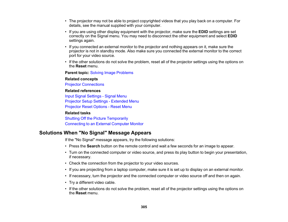 Solutions when "no signal" message appears | Epson Pro L30002UNL 30,000-Lumen HDR Pixel-Shift DCI 4K Laser 3LCD Large Venue Projector (White) User Manual | Page 305 / 347