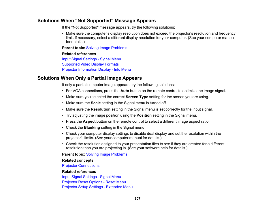 Solutions when "not supported" message appears, Solutions when only a partial image appears | Epson Pro L30002UNL 30,000-Lumen HDR Pixel-Shift DCI 4K Laser 3LCD Large Venue Projector (White) User Manual | Page 307 / 347