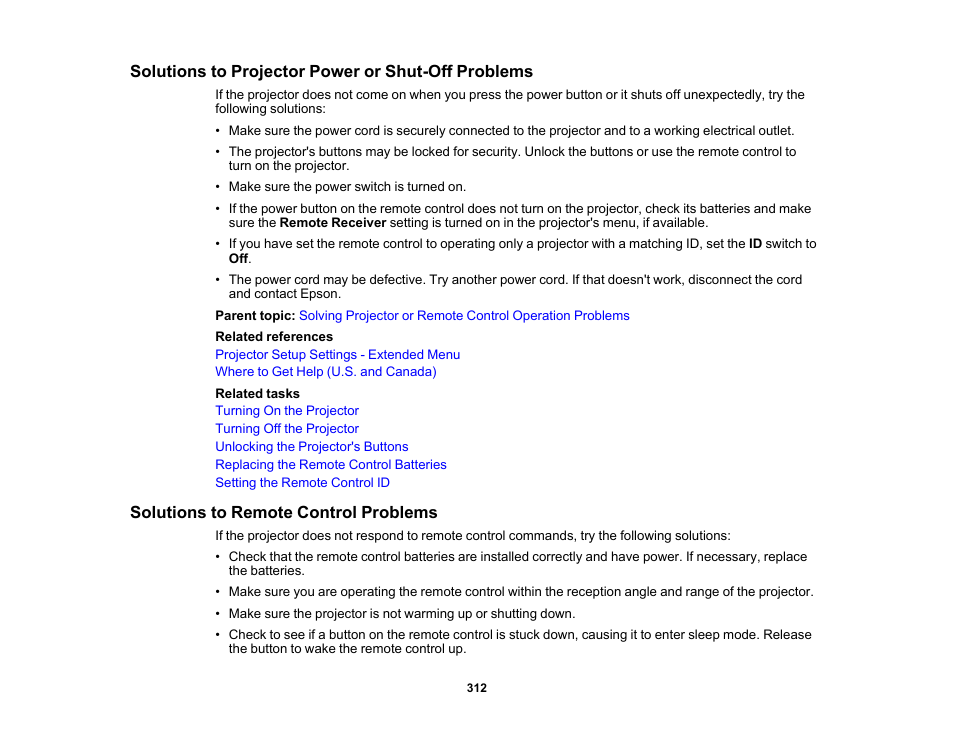Solutions to projector power or shut-off problems, Solutions to remote control problems | Epson Pro L30002UNL 30,000-Lumen HDR Pixel-Shift DCI 4K Laser 3LCD Large Venue Projector (White) User Manual | Page 312 / 347