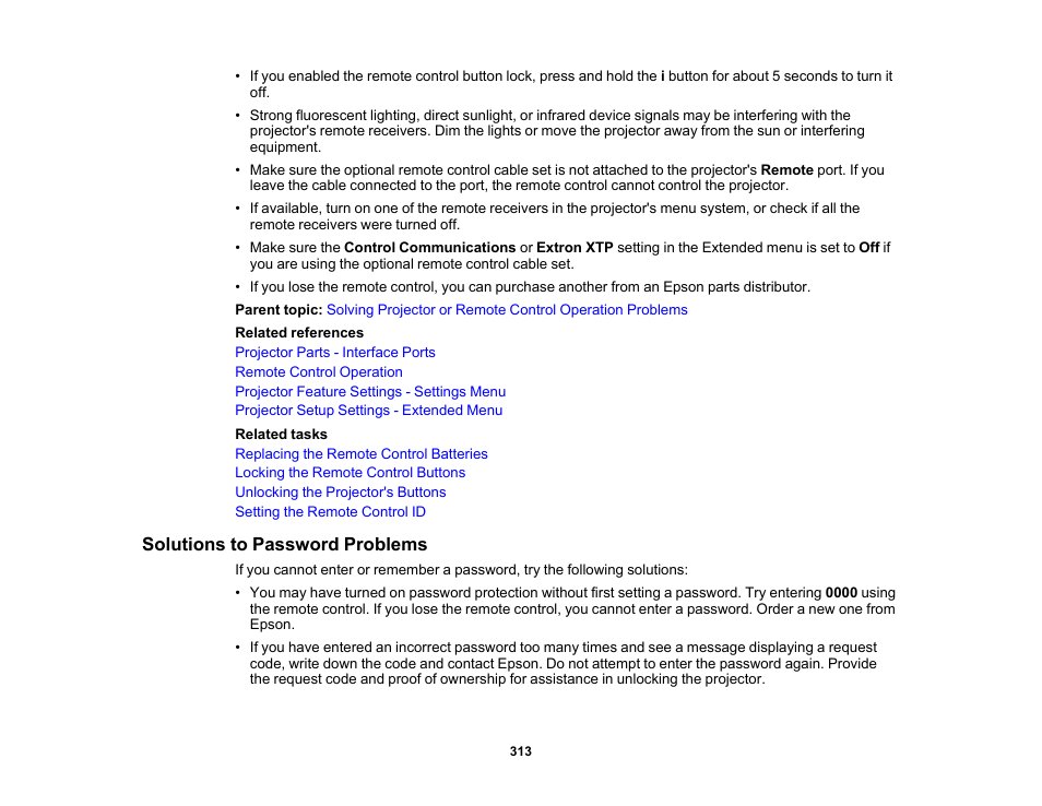 Solutions to password problems | Epson Pro L30002UNL 30,000-Lumen HDR Pixel-Shift DCI 4K Laser 3LCD Large Venue Projector (White) User Manual | Page 313 / 347