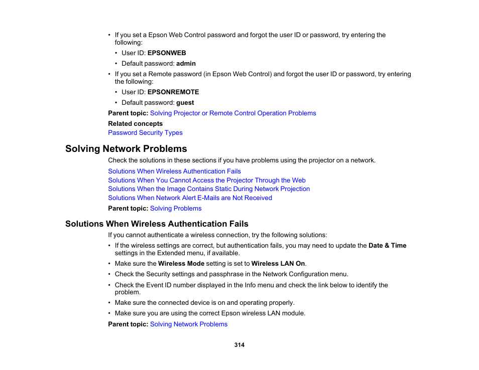 Solving network problems, Solutions when wireless authentication fails | Epson Pro L30002UNL 30,000-Lumen HDR Pixel-Shift DCI 4K Laser 3LCD Large Venue Projector (White) User Manual | Page 314 / 347