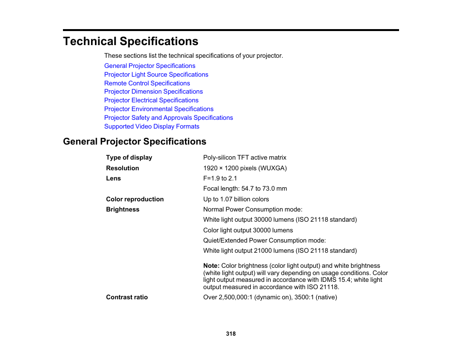 Technical specifications, General projector specifications | Epson Pro L30002UNL 30,000-Lumen HDR Pixel-Shift DCI 4K Laser 3LCD Large Venue Projector (White) User Manual | Page 318 / 347