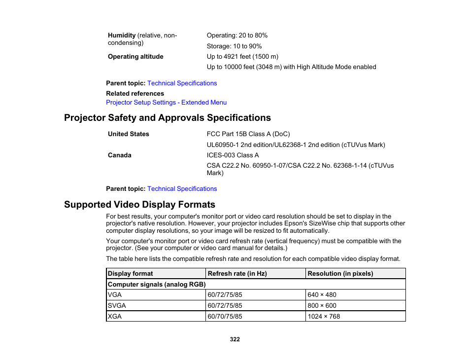 Projector safety and approvals specifications, Supported video display formats | Epson Pro L30002UNL 30,000-Lumen HDR Pixel-Shift DCI 4K Laser 3LCD Large Venue Projector (White) User Manual | Page 322 / 347