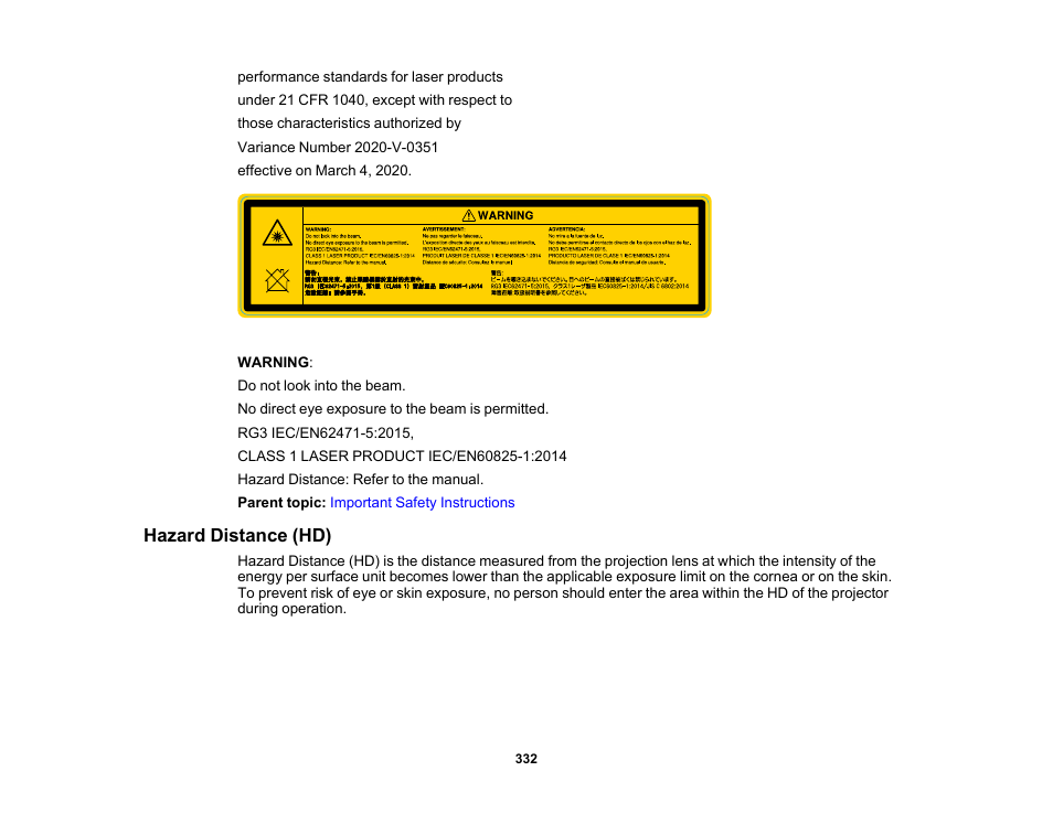 Hazard distance (hd) | Epson Pro L30002UNL 30,000-Lumen HDR Pixel-Shift DCI 4K Laser 3LCD Large Venue Projector (White) User Manual | Page 332 / 347