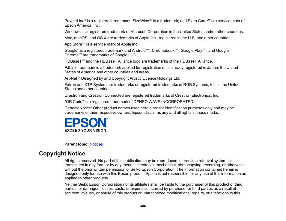 Copyright notice | Epson Pro L30002UNL 30,000-Lumen HDR Pixel-Shift DCI 4K Laser 3LCD Large Venue Projector (White) User Manual | Page 346 / 347