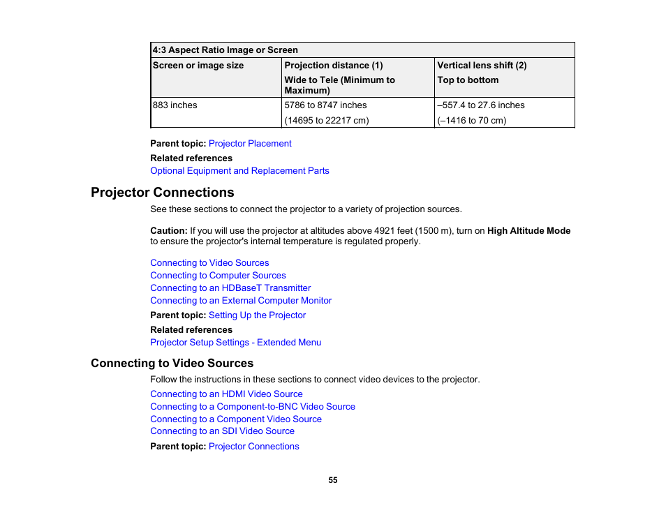 Projector connections, Connecting to video sources | Epson Pro L30002UNL 30,000-Lumen HDR Pixel-Shift DCI 4K Laser 3LCD Large Venue Projector (White) User Manual | Page 55 / 347