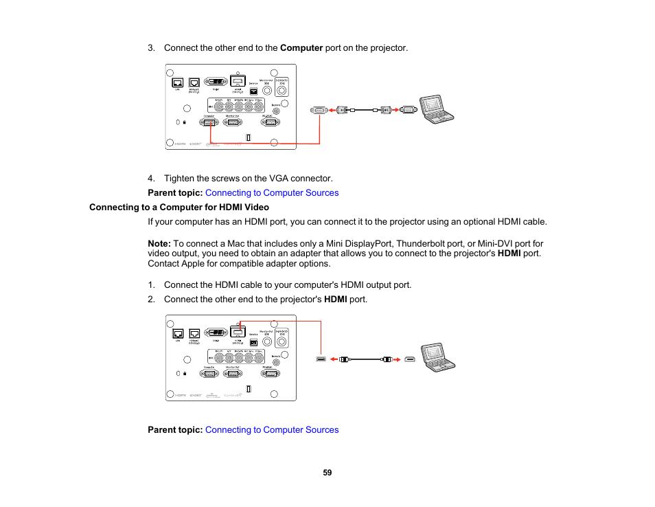 Connecting to a computer for hdmi video | Epson Pro L30002UNL 30,000-Lumen HDR Pixel-Shift DCI 4K Laser 3LCD Large Venue Projector (White) User Manual | Page 59 / 347