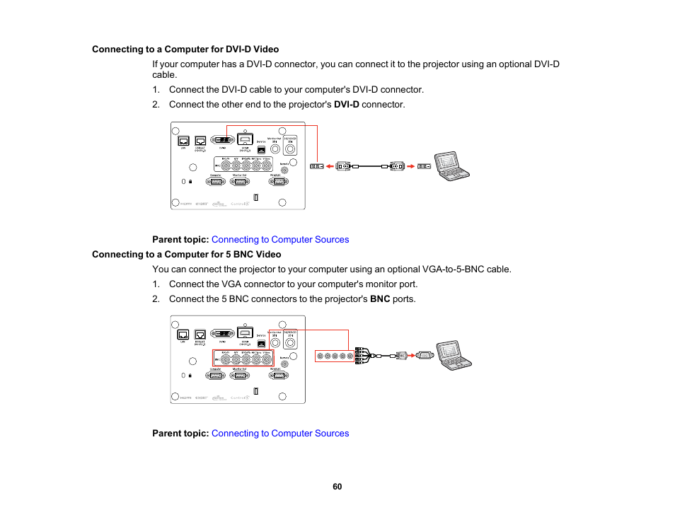 Connecting to a computer for dvi-d video, Connecting to a computer for 5 bnc video | Epson Pro L30002UNL 30,000-Lumen HDR Pixel-Shift DCI 4K Laser 3LCD Large Venue Projector (White) User Manual | Page 60 / 347