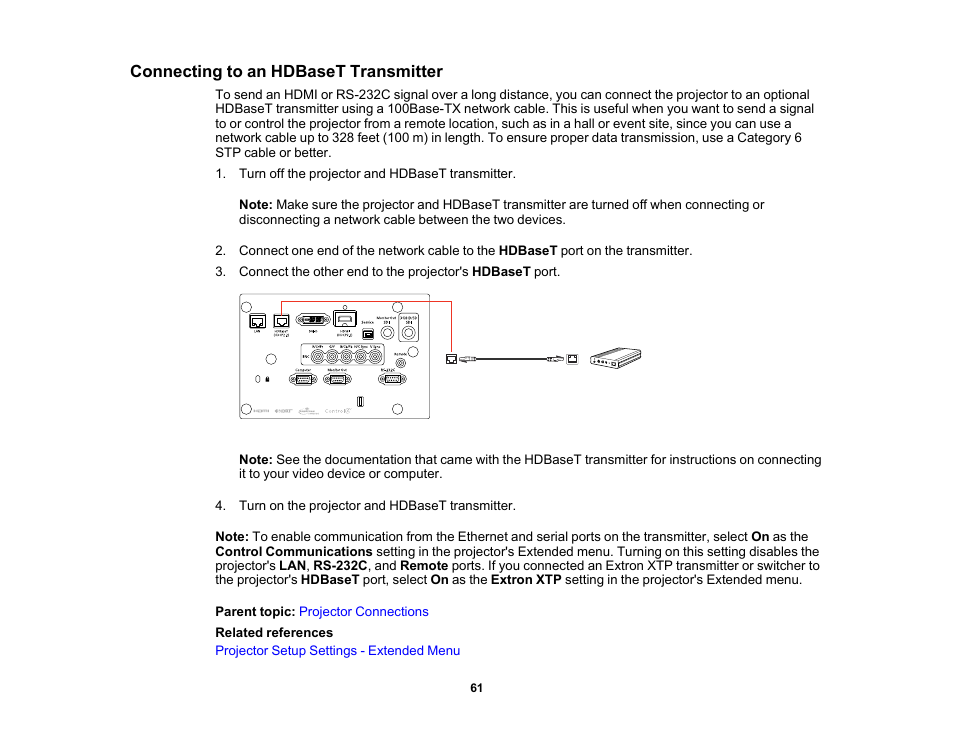 Connecting to an hdbaset transmitter | Epson Pro L30002UNL 30,000-Lumen HDR Pixel-Shift DCI 4K Laser 3LCD Large Venue Projector (White) User Manual | Page 61 / 347
