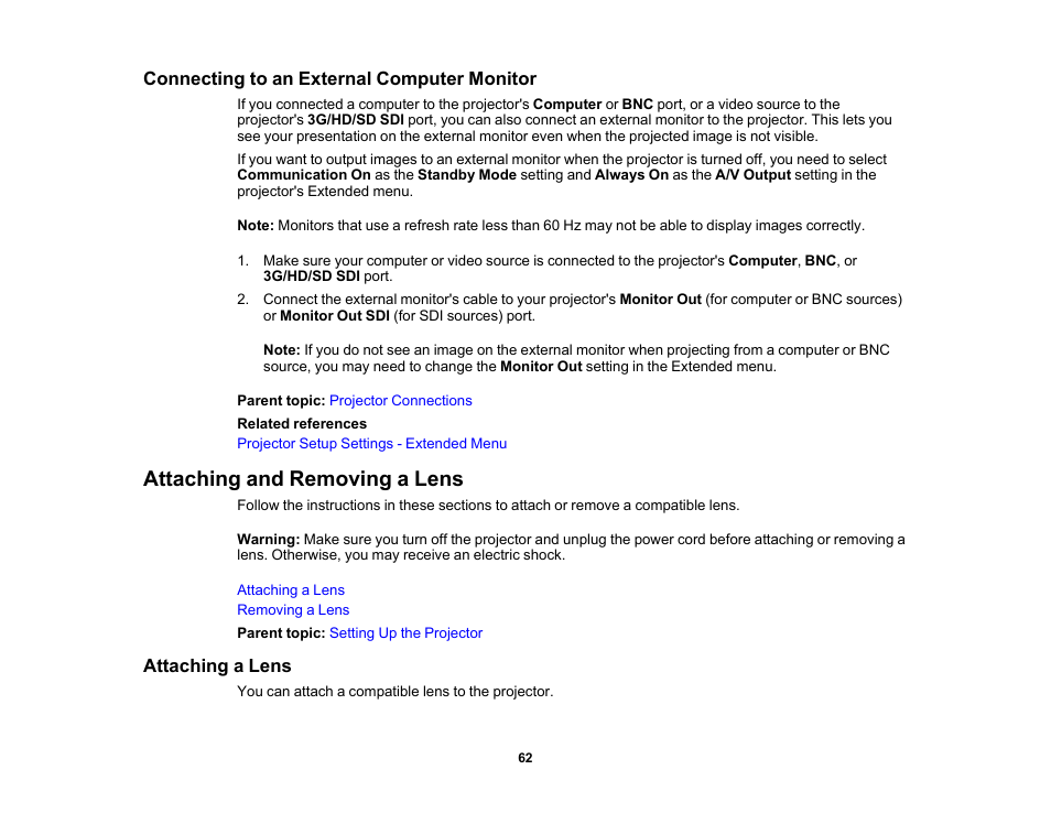 Connecting to an external computer monitor, Attaching and removing a lens, Attaching a lens | Epson Pro L30002UNL 30,000-Lumen HDR Pixel-Shift DCI 4K Laser 3LCD Large Venue Projector (White) User Manual | Page 62 / 347