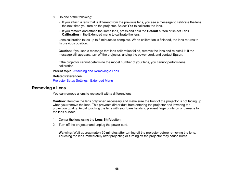 Removing a lens | Epson Pro L30002UNL 30,000-Lumen HDR Pixel-Shift DCI 4K Laser 3LCD Large Venue Projector (White) User Manual | Page 66 / 347