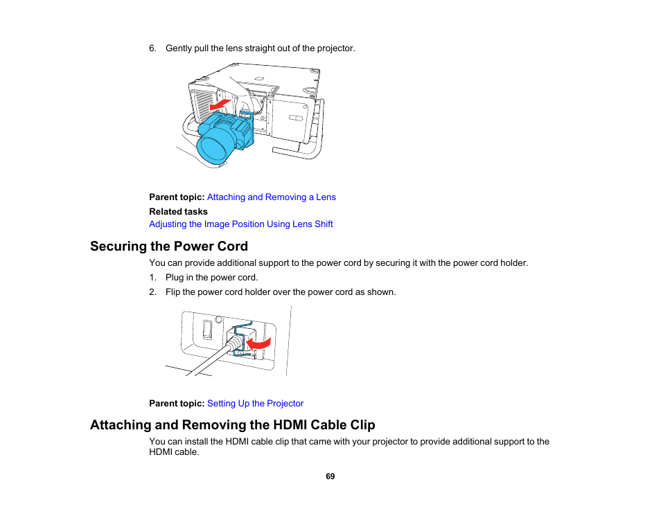 Securing the power cord, Attaching and removing the hdmi cable clip | Epson Pro L30002UNL 30,000-Lumen HDR Pixel-Shift DCI 4K Laser 3LCD Large Venue Projector (White) User Manual | Page 69 / 347