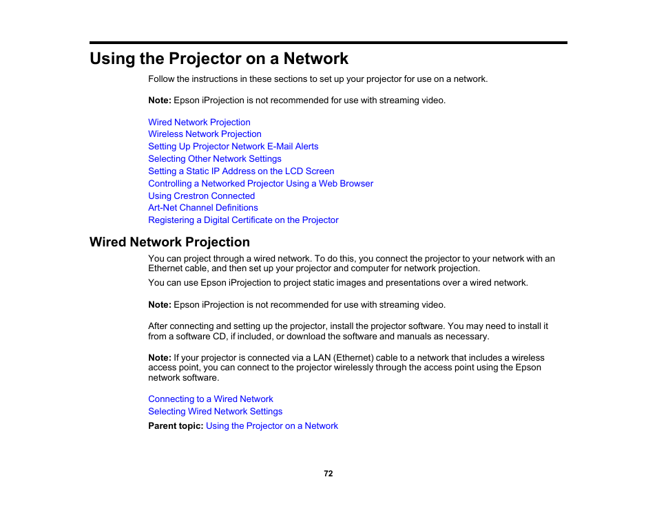 Using the projector on a network, Wired network projection | Epson Pro L30002UNL 30,000-Lumen HDR Pixel-Shift DCI 4K Laser 3LCD Large Venue Projector (White) User Manual | Page 72 / 347
