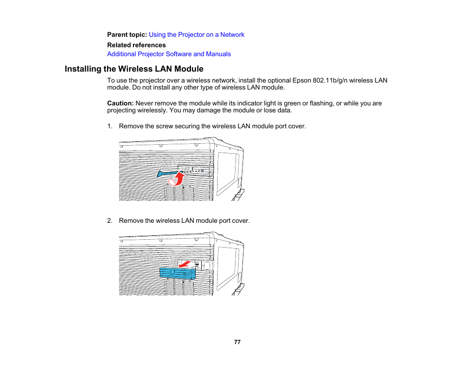 Installing the wireless lan module | Epson Pro L30002UNL 30,000-Lumen HDR Pixel-Shift DCI 4K Laser 3LCD Large Venue Projector (White) User Manual | Page 77 / 347
