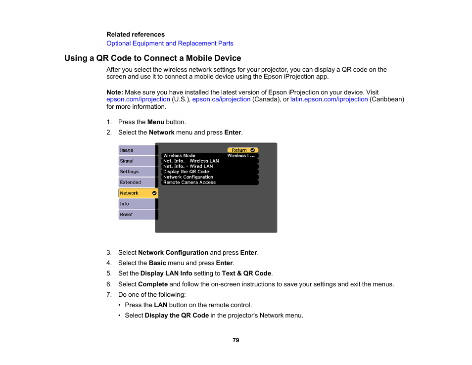 Using a qr code to connect a mobile device | Epson Pro L30002UNL 30,000-Lumen HDR Pixel-Shift DCI 4K Laser 3LCD Large Venue Projector (White) User Manual | Page 79 / 347