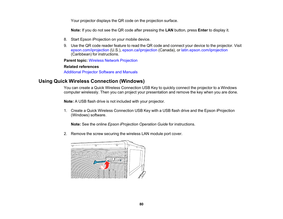 Using quick wireless connection (windows) | Epson Pro L30002UNL 30,000-Lumen HDR Pixel-Shift DCI 4K Laser 3LCD Large Venue Projector (White) User Manual | Page 80 / 347