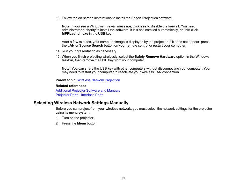 Selecting wireless network settings manually | Epson Pro L30002UNL 30,000-Lumen HDR Pixel-Shift DCI 4K Laser 3LCD Large Venue Projector (White) User Manual | Page 82 / 347