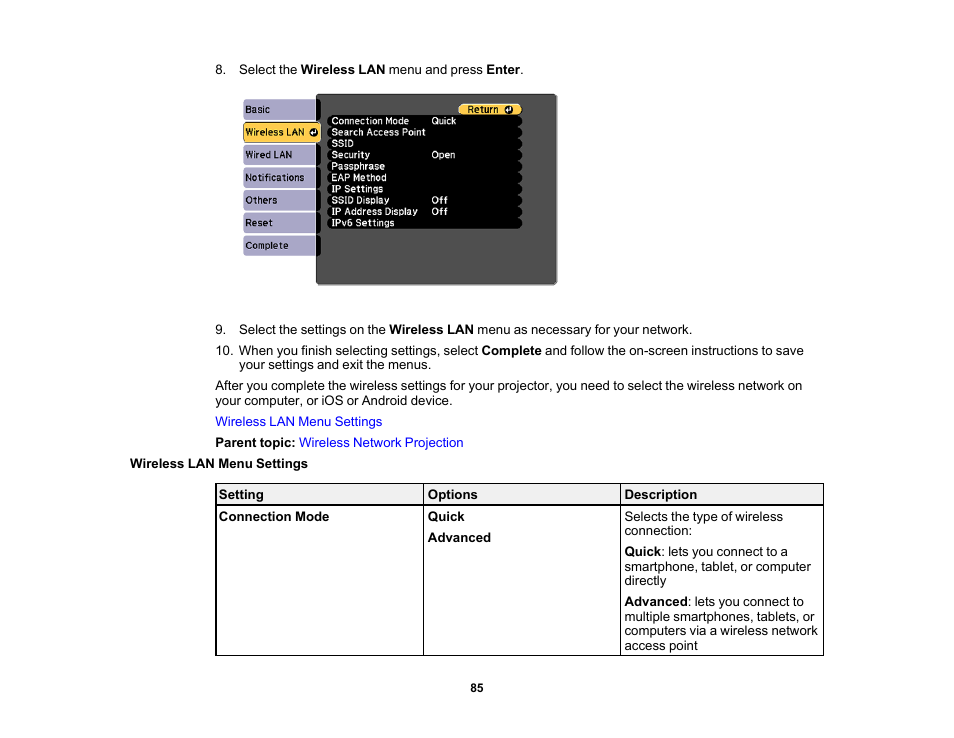 Wireless lan menu settings | Epson Pro L30002UNL 30,000-Lumen HDR Pixel-Shift DCI 4K Laser 3LCD Large Venue Projector (White) User Manual | Page 85 / 347