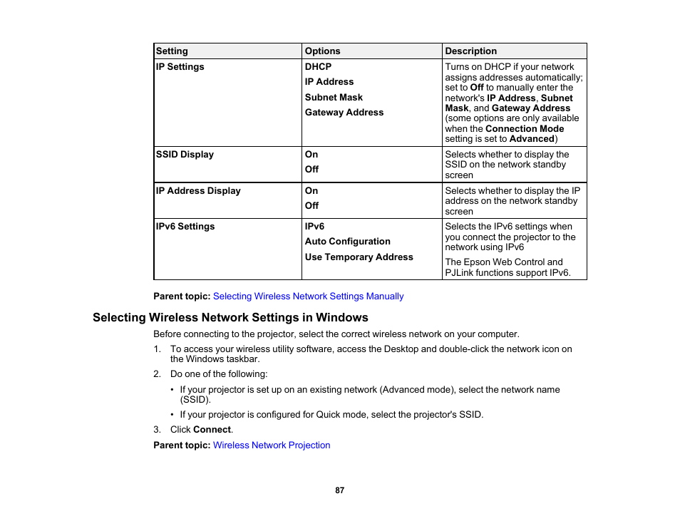 Selecting wireless network settings in windows | Epson Pro L30002UNL 30,000-Lumen HDR Pixel-Shift DCI 4K Laser 3LCD Large Venue Projector (White) User Manual | Page 87 / 347