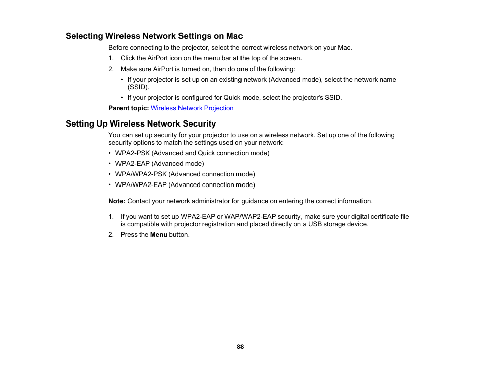 Selecting wireless network settings on mac, Setting up wireless network security | Epson Pro L30002UNL 30,000-Lumen HDR Pixel-Shift DCI 4K Laser 3LCD Large Venue Projector (White) User Manual | Page 88 / 347