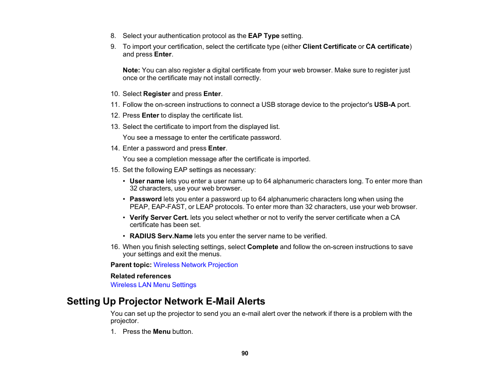 Setting up projector network e-mail alerts | Epson Pro L30002UNL 30,000-Lumen HDR Pixel-Shift DCI 4K Laser 3LCD Large Venue Projector (White) User Manual | Page 90 / 347