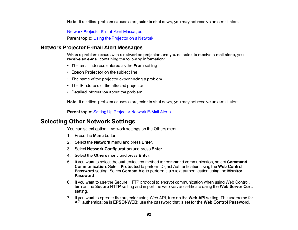 Network projector e-mail alert messages, Selecting other network settings | Epson Pro L30002UNL 30,000-Lumen HDR Pixel-Shift DCI 4K Laser 3LCD Large Venue Projector (White) User Manual | Page 92 / 347