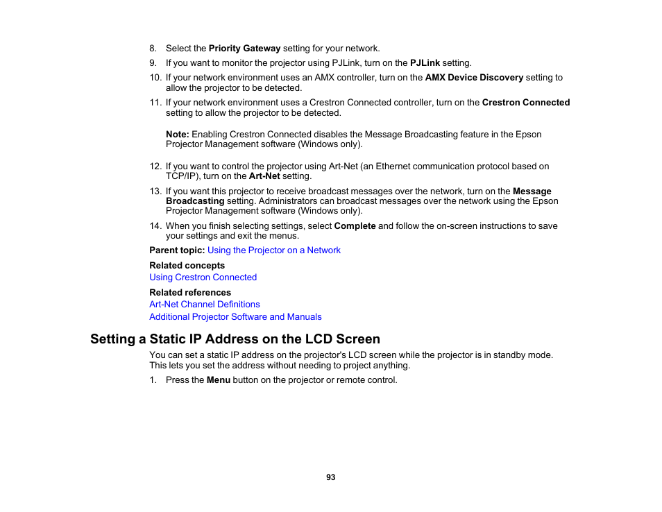 Setting a static ip address on the lcd screen | Epson Pro L30002UNL 30,000-Lumen HDR Pixel-Shift DCI 4K Laser 3LCD Large Venue Projector (White) User Manual | Page 93 / 347