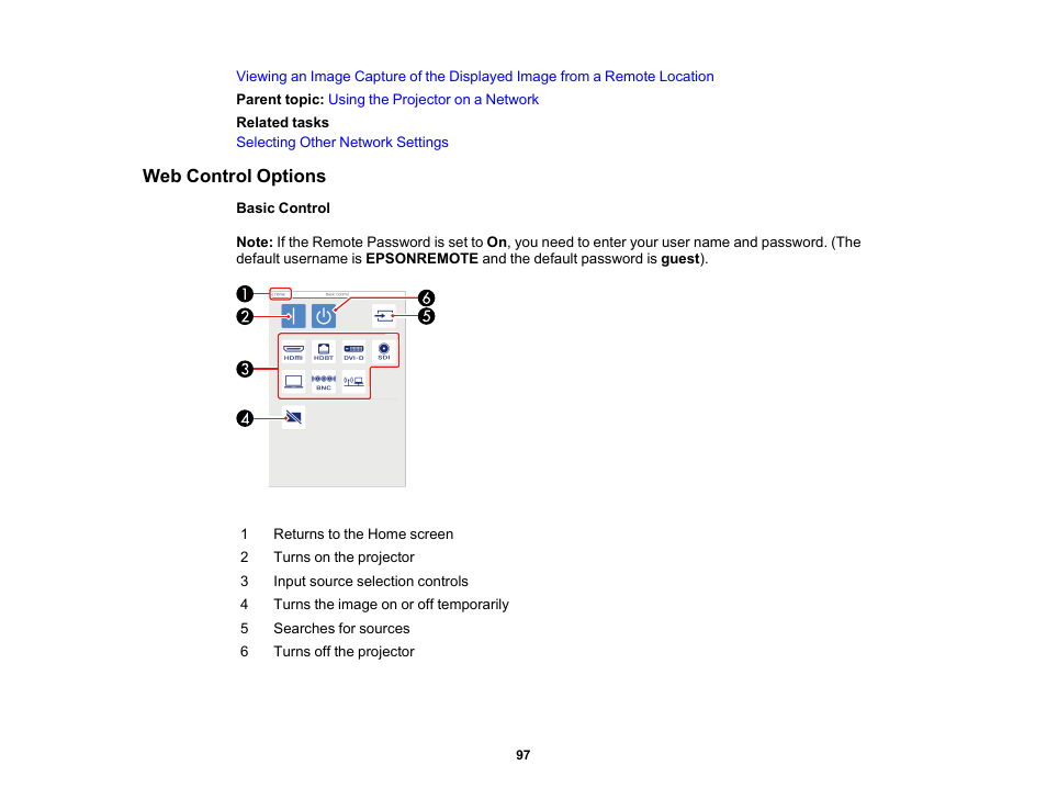 Web control options | Epson Pro L30002UNL 30,000-Lumen HDR Pixel-Shift DCI 4K Laser 3LCD Large Venue Projector (White) User Manual | Page 97 / 347