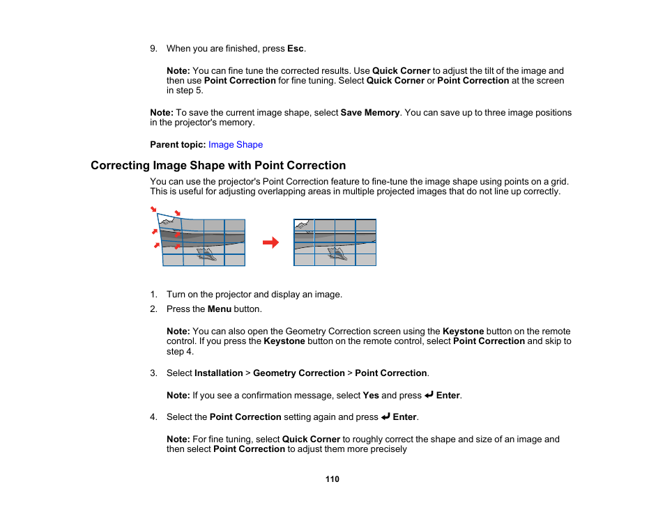 Correcting image shape with point correction | Epson PowerLite 800F 5000-Lumen Pixel-Shift Full HD Ultra-Short Throw Laser 3LCD Projector (White) User Manual | Page 110 / 304