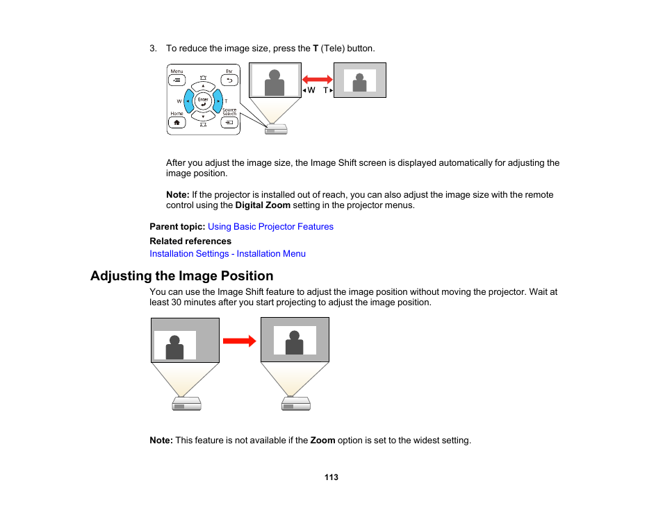 Adjusting the image position | Epson PowerLite 800F 5000-Lumen Pixel-Shift Full HD Ultra-Short Throw Laser 3LCD Projector (White) User Manual | Page 113 / 304