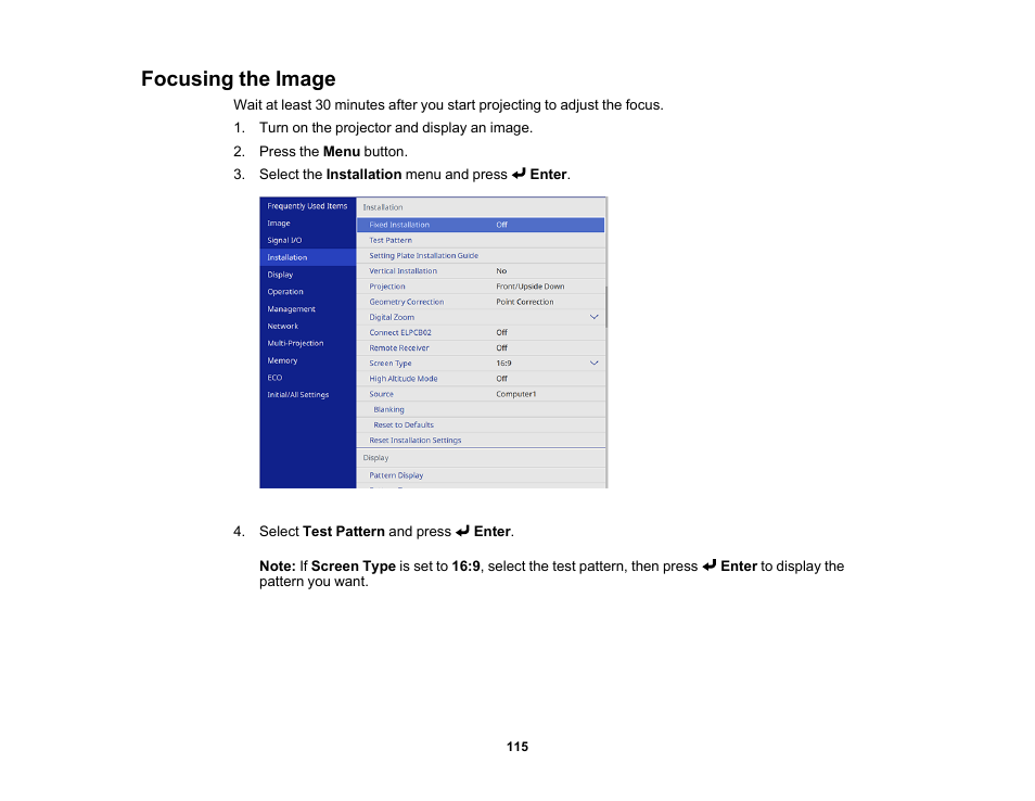 Focusing the image | Epson PowerLite 800F 5000-Lumen Pixel-Shift Full HD Ultra-Short Throw Laser 3LCD Projector (White) User Manual | Page 115 / 304