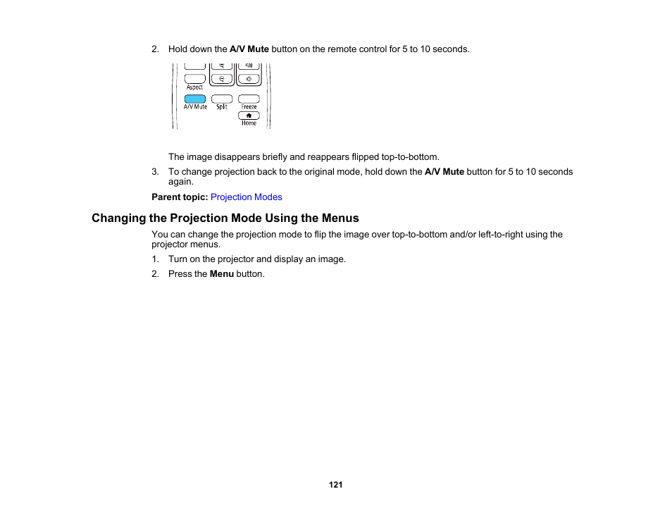 Changing the projection mode using the menus | Epson PowerLite 800F 5000-Lumen Pixel-Shift Full HD Ultra-Short Throw Laser 3LCD Projector (White) User Manual | Page 121 / 304