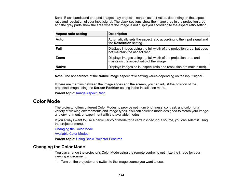 Color mode, Changing the color mode | Epson PowerLite 800F 5000-Lumen Pixel-Shift Full HD Ultra-Short Throw Laser 3LCD Projector (White) User Manual | Page 124 / 304