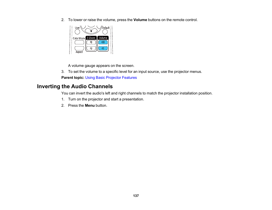Inverting the audio channels | Epson PowerLite 800F 5000-Lumen Pixel-Shift Full HD Ultra-Short Throw Laser 3LCD Projector (White) User Manual | Page 137 / 304