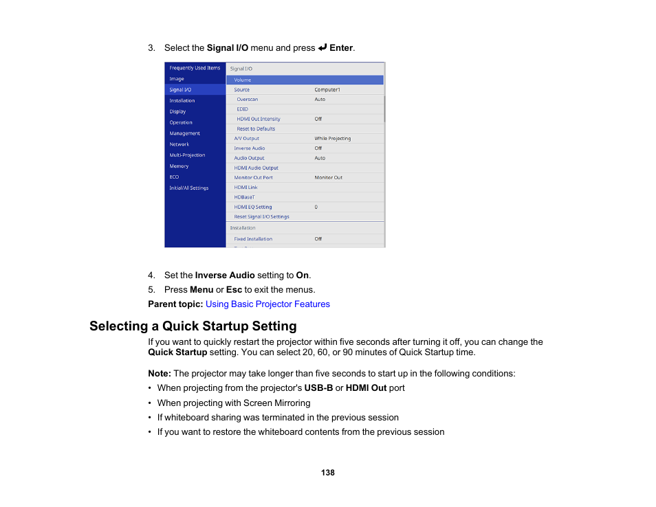 Selecting a quick startup setting | Epson PowerLite 800F 5000-Lumen Pixel-Shift Full HD Ultra-Short Throw Laser 3LCD Projector (White) User Manual | Page 138 / 304