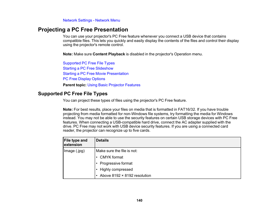 Projecting a pc free presentation, Supported pc free file types | Epson PowerLite 800F 5000-Lumen Pixel-Shift Full HD Ultra-Short Throw Laser 3LCD Projector (White) User Manual | Page 140 / 304