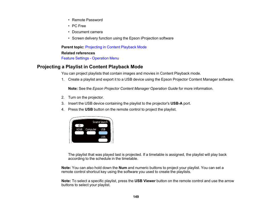 Projecting a playlist in content playback mode | Epson PowerLite 800F 5000-Lumen Pixel-Shift Full HD Ultra-Short Throw Laser 3LCD Projector (White) User Manual | Page 149 / 304
