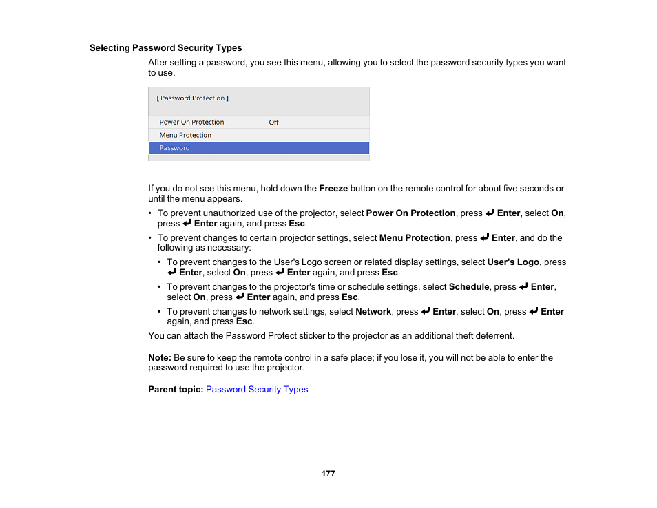Selecting password security types | Epson PowerLite 800F 5000-Lumen Pixel-Shift Full HD Ultra-Short Throw Laser 3LCD Projector (White) User Manual | Page 177 / 304