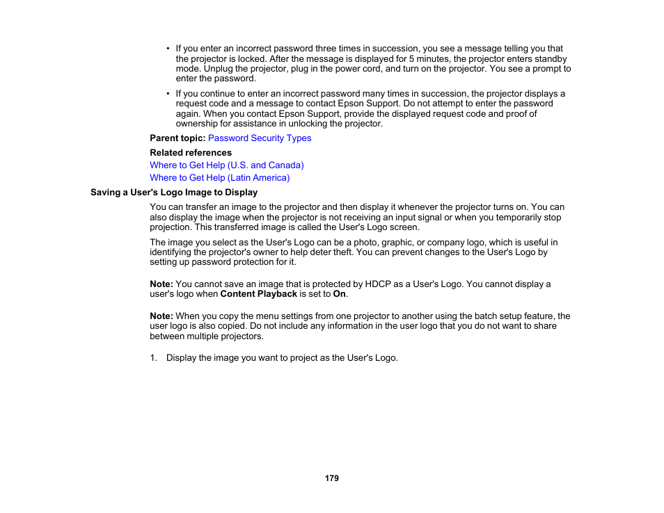 Saving a user's logo image to display | Epson PowerLite 800F 5000-Lumen Pixel-Shift Full HD Ultra-Short Throw Laser 3LCD Projector (White) User Manual | Page 179 / 304