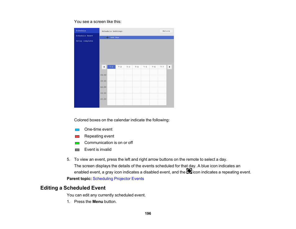 Editing a scheduled event | Epson PowerLite 800F 5000-Lumen Pixel-Shift Full HD Ultra-Short Throw Laser 3LCD Projector (White) User Manual | Page 196 / 304