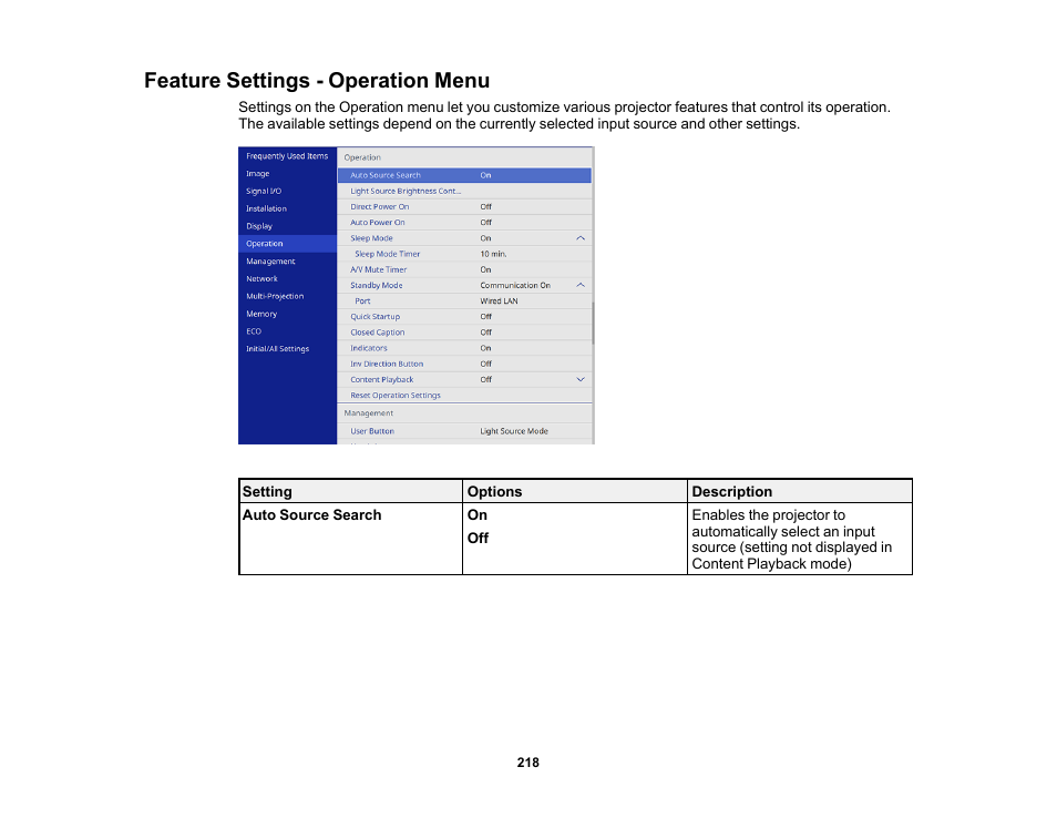 Feature settings - operation menu | Epson PowerLite 800F 5000-Lumen Pixel-Shift Full HD Ultra-Short Throw Laser 3LCD Projector (White) User Manual | Page 218 / 304